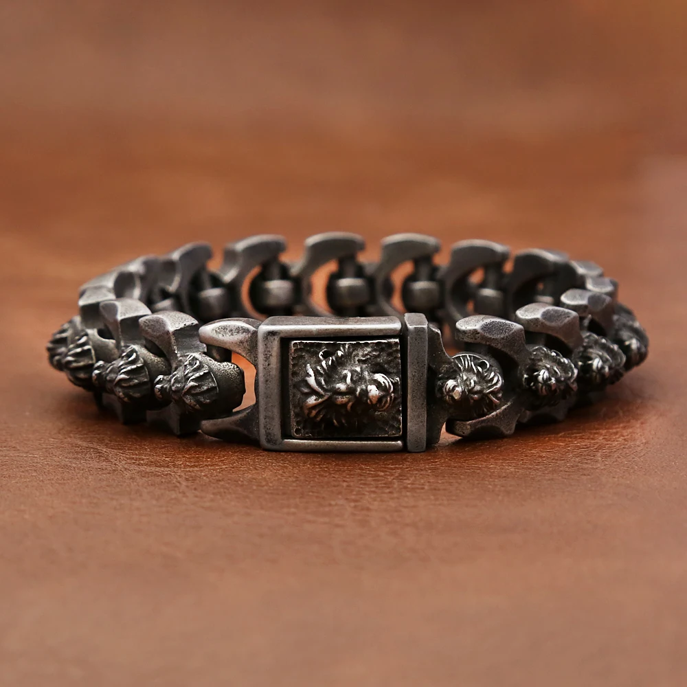 Vintage Black Lion Head Bracelet Punk Hip Hop 316L Stainless Steel Fashion Animal Bracelets For Men Boys Biker Jewelry Wholesale