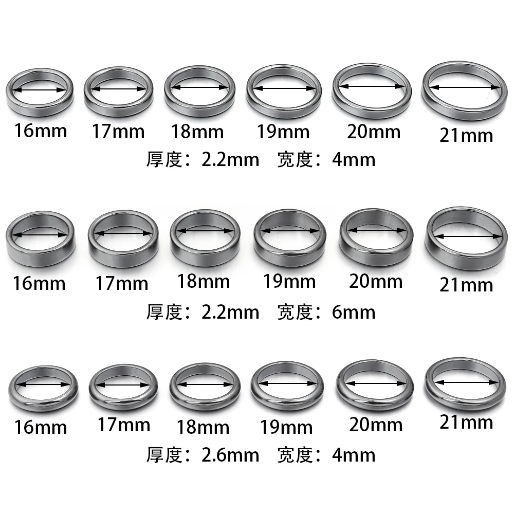 6pcs/lot Natural Hematite Stone Rings 16-21mm Flat Round Black Hematite Ring For Women Men Gift Wedding Jewelry Accessories