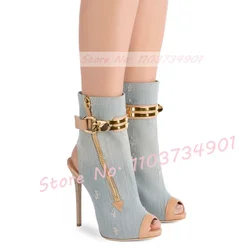 Denim Leather Bare Heel Peep Toe Boots Women Fashion Zipper Decor Mid Calf High Heels Shoes Female Lady Solid Stiletto Boots