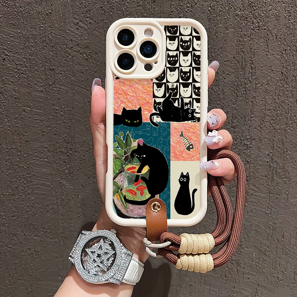 Modische Katzen-Collage-Silikon-Handyhülle für iPhone 16 17 Pro 15 14 13 12 11 Pro Max 16E 7 8 Plus XR XS mit Lanyard-Hülle – Detail 7