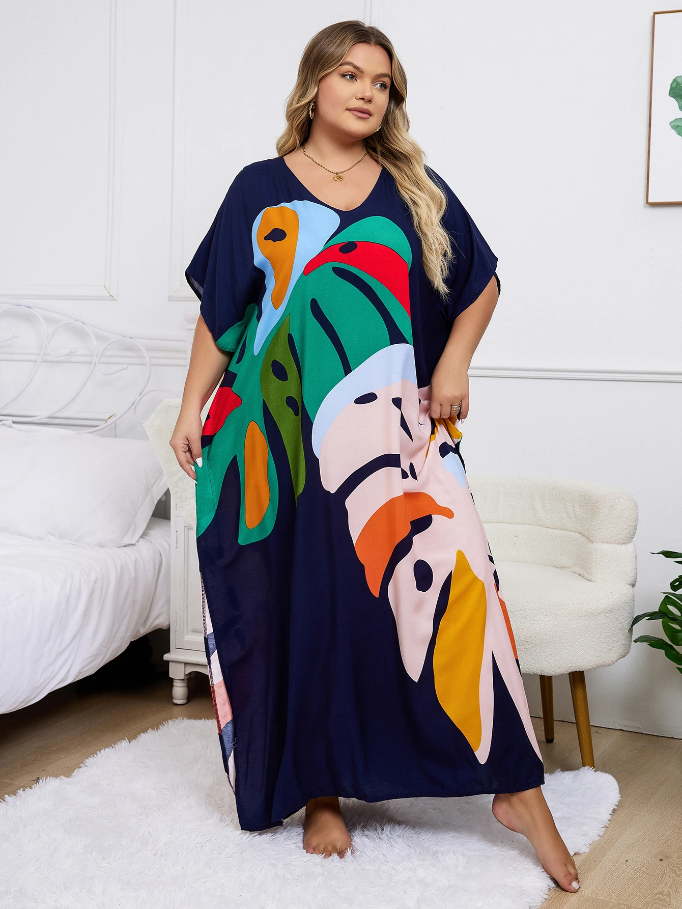 Plus Size artystyczna czarna sukienka Kaftan z nadrukiem roślinnym 2024 letnie ubrania damskie Sundress plażowe sukienki Maxi Q1476