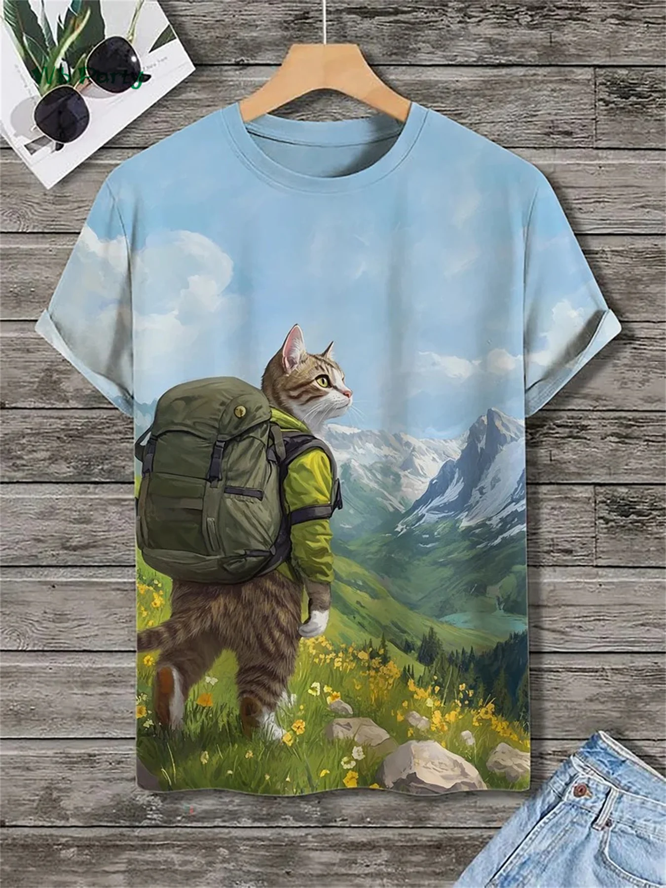القط طباعة تي شيرت رجالي ثلاثية الأبعاد مضحك الحيوان نمط تي شيرتات قصيرة الاكمام المتضخم Y2k قمة الصيف الرجال اليومية الشارع ملابس كاجوال #1