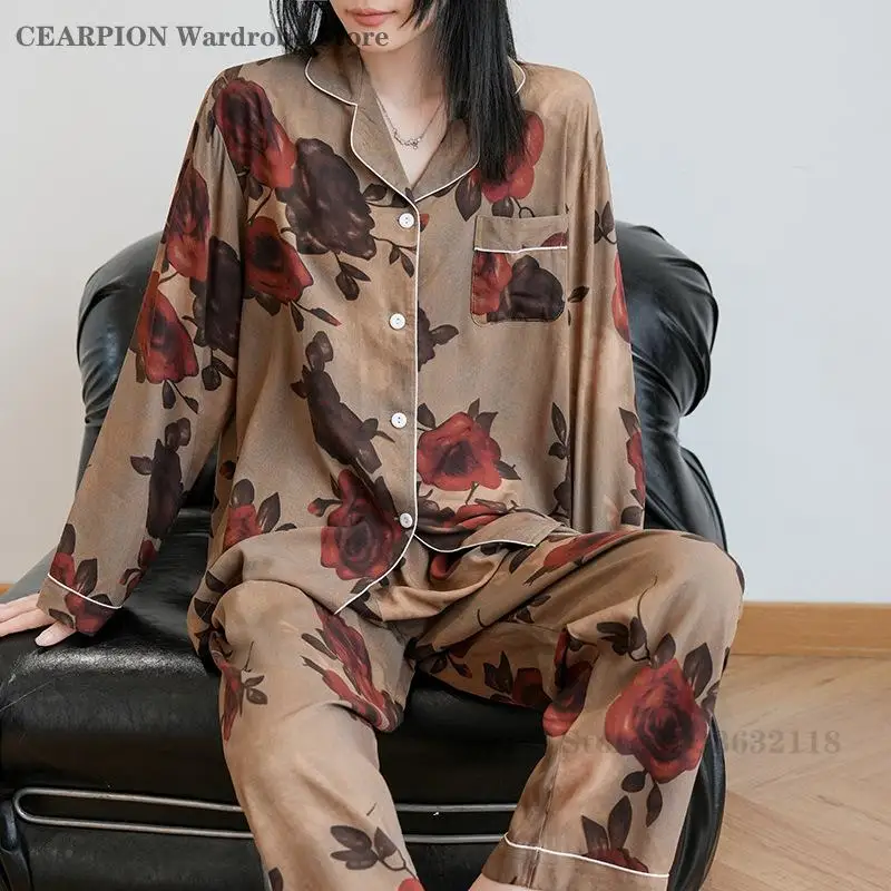 

Spring Autumn New Pajamas Set Retro Printed Home Wear Sleepwear Long Sleeve Trouser 2Pcs Pyjamas Suit Loungewear Loose Nightwear