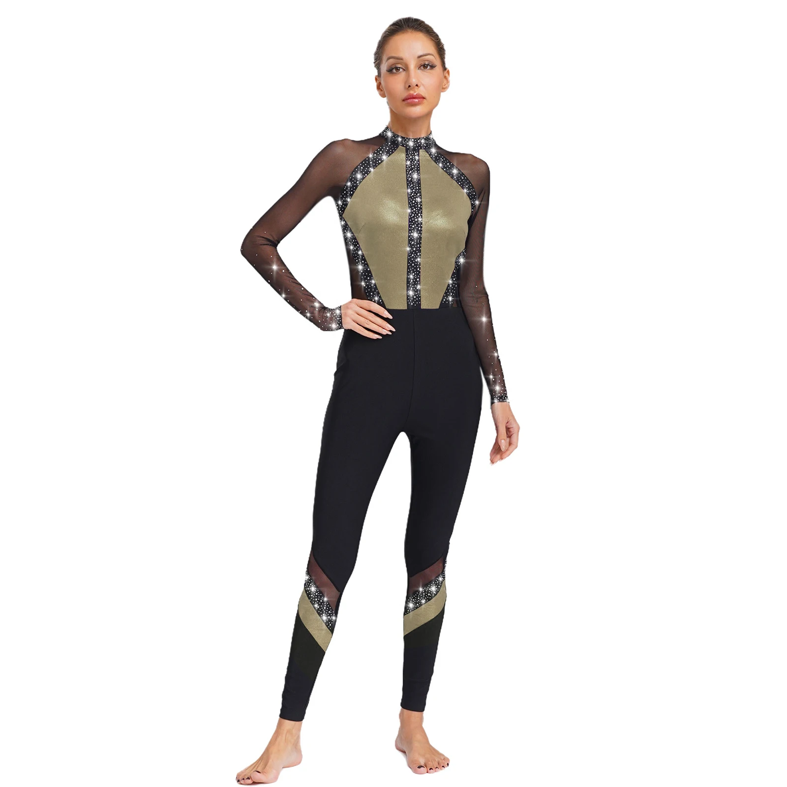 

Women Gymnastics Acrobatics Dance Jumpsuit Sparkling Rhinestones Full Body Leotard Sheer Mesh Long Sleeve Sport Workout Bodysuit