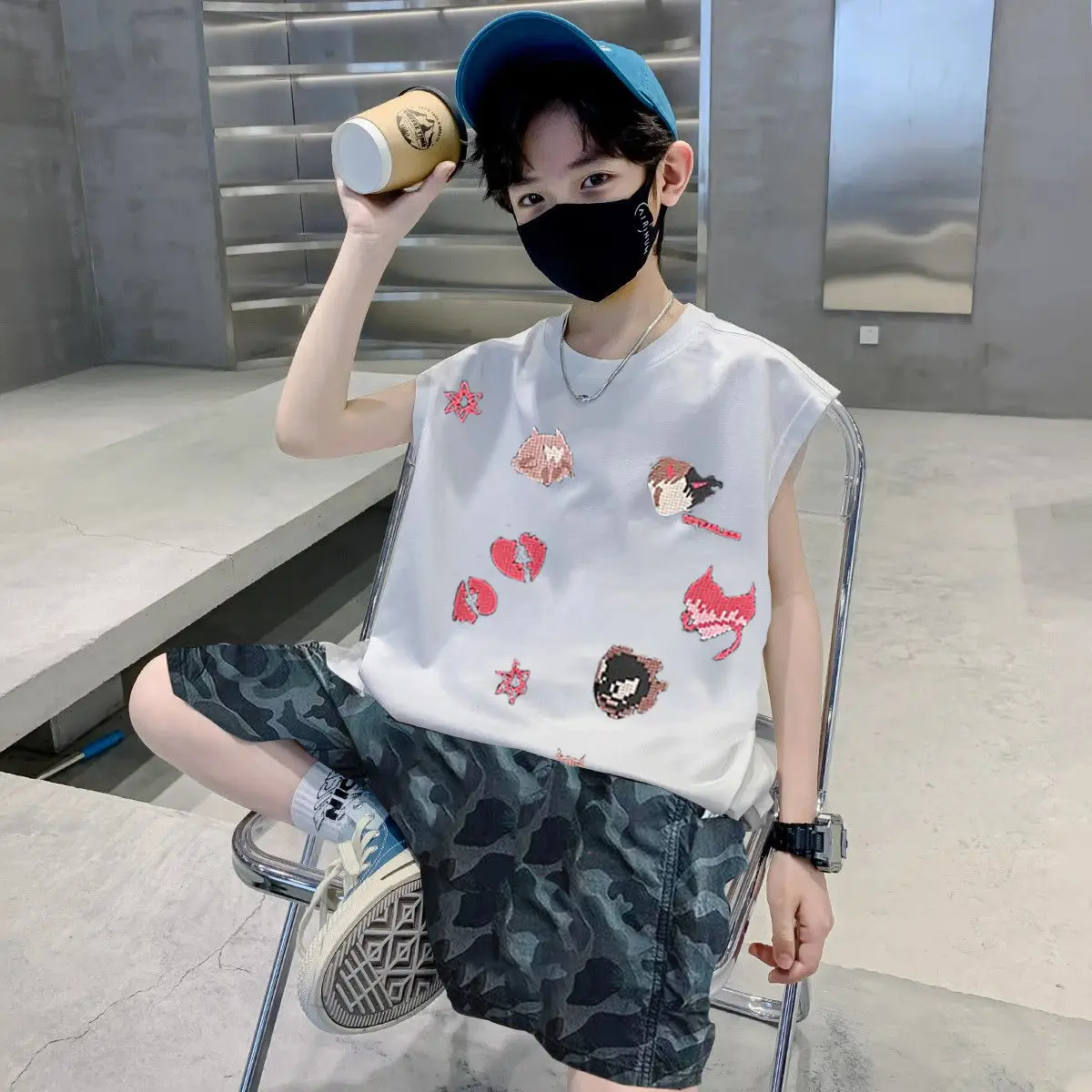 

Kids Summer Fashion Cooton Sleeveless Vest+Pants 2pcs Sporty Suits 5-14 Years Teenage Boys Korean Style Outfits Clothes Sets