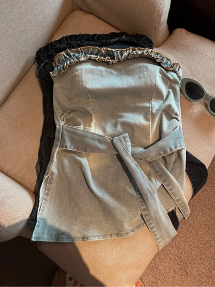 

Korean Style Slim Fit Crop Top Women Summer Irregular Design Belted Waist Tie-Detail Denim Vest Breathable Skin-Friendly City...