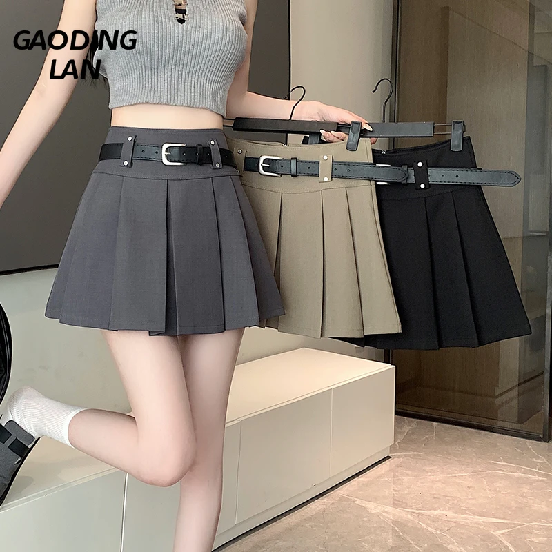 

GAODINGLAN Summer Short Solid Women Pleated Skirt High Waist A-line Mini Suit Skirts Female Slim Fit with Lining Skirt Korean