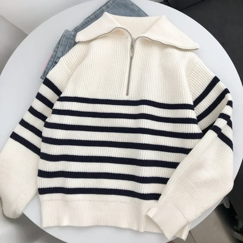 French Style Vintagelapel Women's Half Zip-Up Color Blocking Striped Sweater Autumn Idle Pullover Inner Knit Base Layer Top