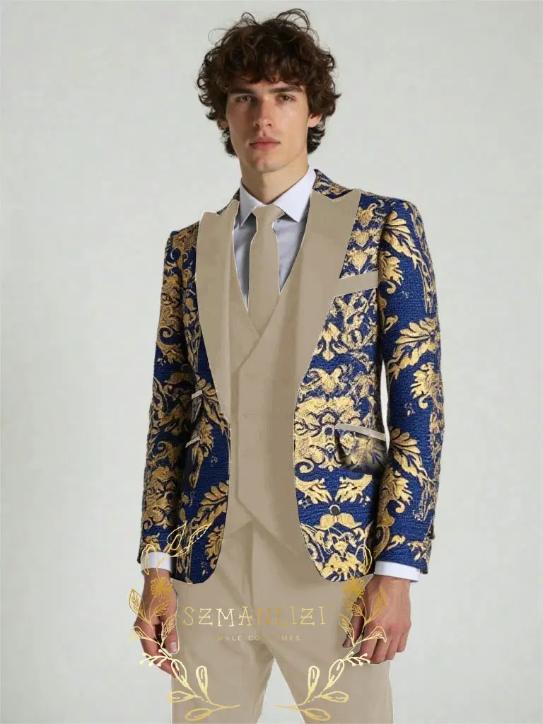 

Handsome Blue Gold Floral Jacket Beige Vest Pants Men Suit Set Peaked Collar Mens Wedding Suits Formal Groom Tuxedo Costume