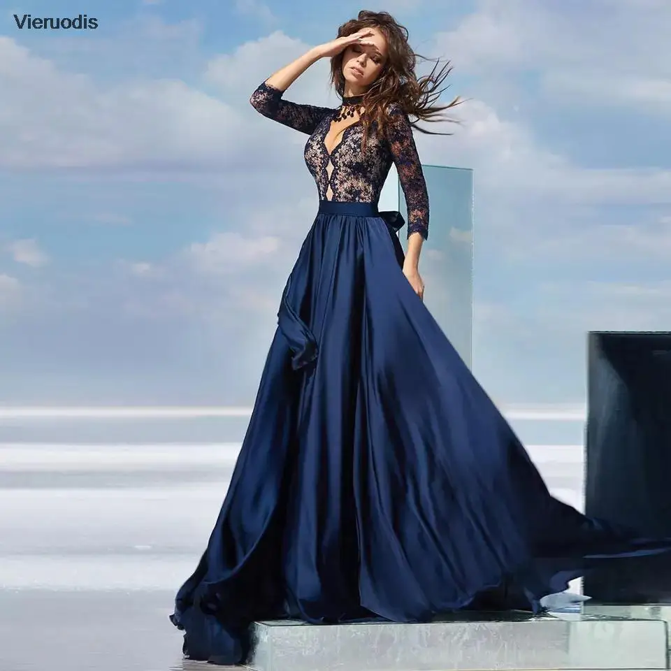 

3/4 Sleeve Navy Blue Evening Dresses A-Line Sexy Deep V-Neck Lace Appliques Zipper Satin Formal Elegant Party Prom Gown With Bow