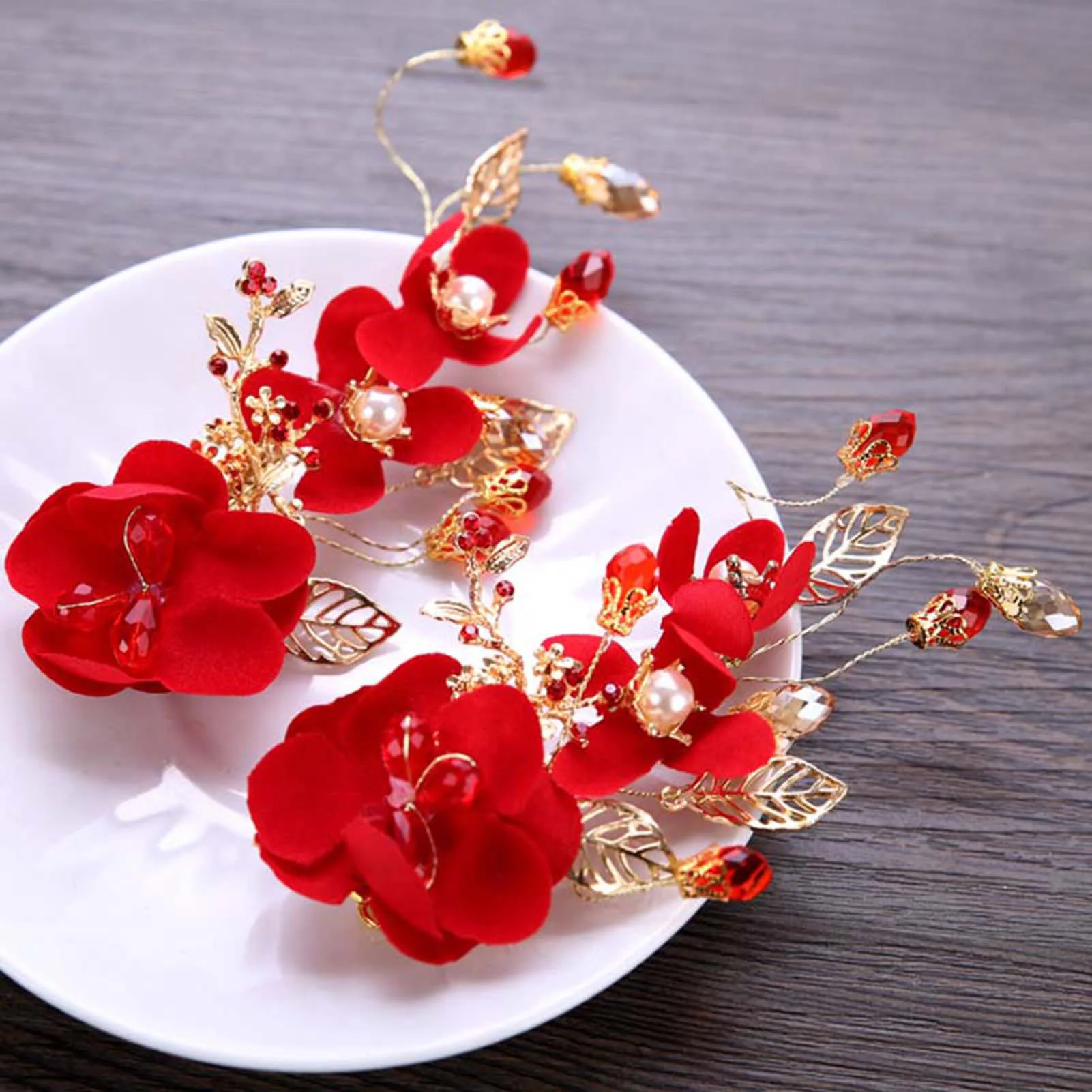 Vintage Silk Flower Hairpin For Girls Red Flower Pearl Hair Clip New Year Lucky Jewelry Hair Accessories Gift For Little Girls
