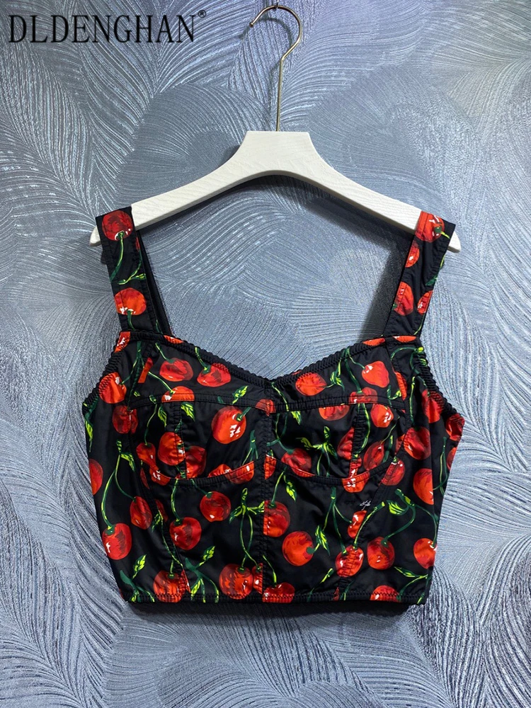 

DLDENGHAN Spring Summer 100% Cotton Short Top Women Spaghetti Strap Backless Sleeveless Cherry Print High Street Top