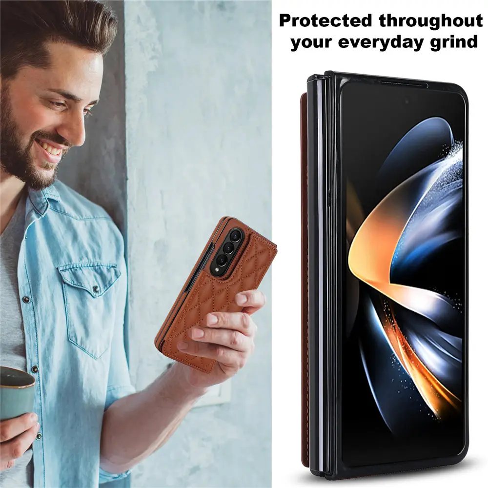 Fashion Rhombus Card Holders PU Leather Case For Samsung Galaxy Z Fold 4 5 3 Shockproof Buckle Cover Coque