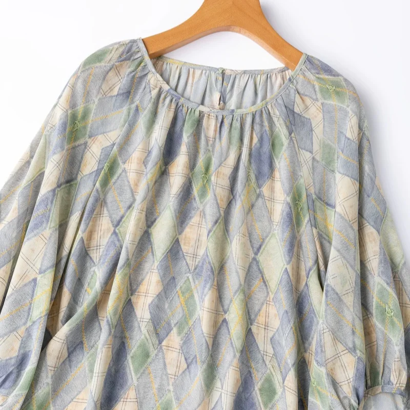 Birdtree, 100% Real Silk Print Tshirt, Lantern Sleeve O-neck Tops, Women Double Crepe Loose Thin Shirt, 2026 Summer New T67304JF