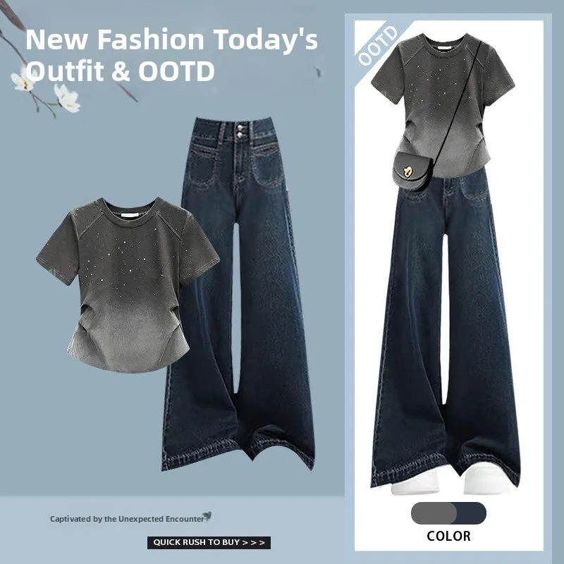 

Korean Sle Summer Outfit Women's Design adient ort Sve T-irt with Vintage Slimming Jeans Two-Piece Set plus Size