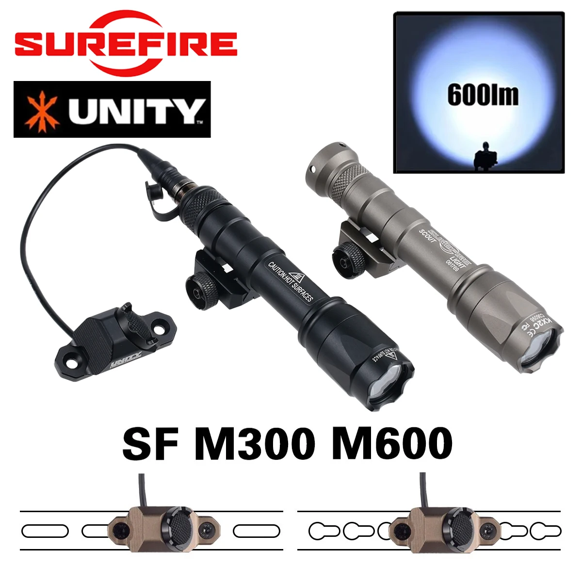 Lampe torche Surefir M300 M600 avec support UNITY et interrupteur de pression à distance AXON, compatible avec rail de 20 mm, pour la chasse, la tactique et l'airsoft.