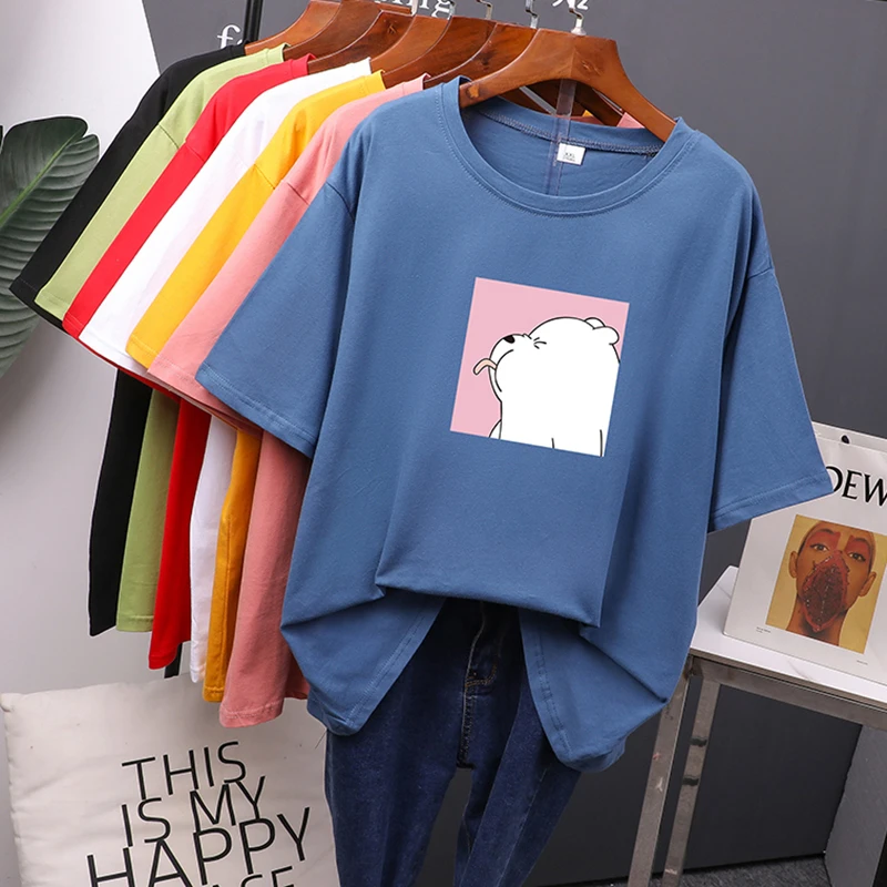Hirsionsan 100% Cotton T Shirt Women Female Kawaii Bear Print Soft Clothes Oversized Tops Casual Ins 2023 Harajuku Chic Tees