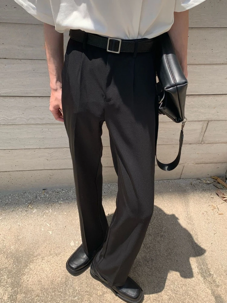 Korean Style Non-Iron Draped Men's Black Straight Leg Casual Trousers