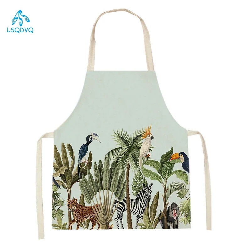Green Tropical Palm Leaves Tree Cleaning Kitchen Aprons Home Linen Cooking Pinafore Animal Bird Pattern Baking Apron Adult Bibs