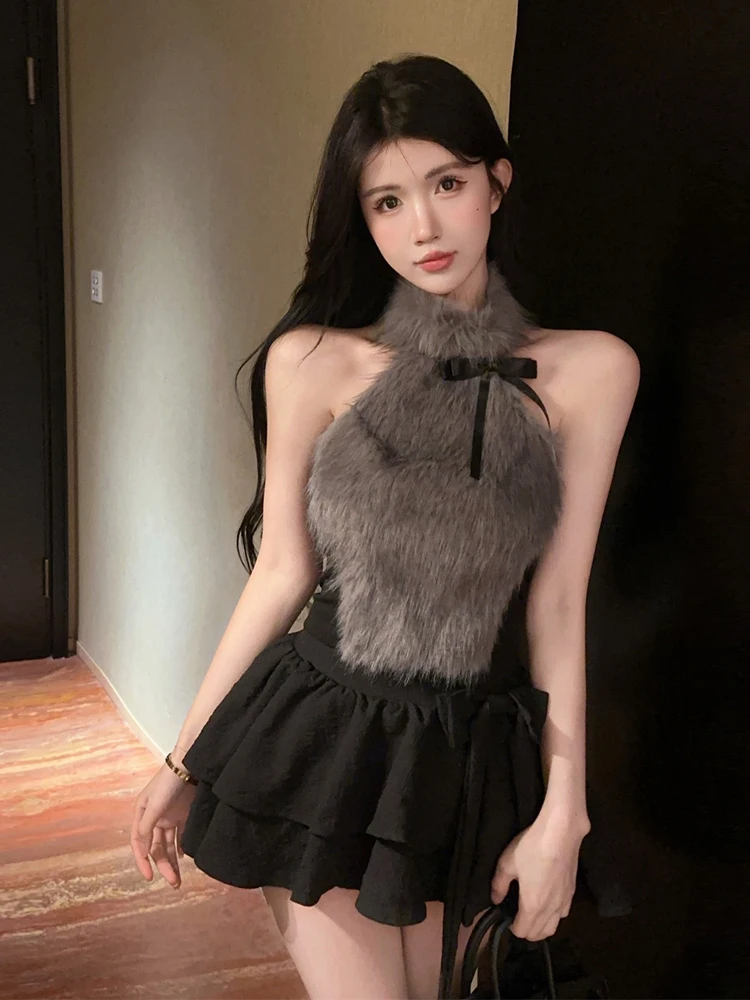 Autumn Winter Plush Sleeveless Neck Hanging Strap Top  Knot Puffy Skirt Set Vintage Style High Collar Two-Piece Suit