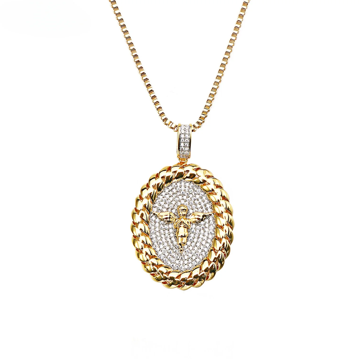 Yellow Gold Cubic Zirconia Pendant Oval Angel Wings Pendant Hip Hop Zircon Necklace Men's and Women's Gold Plated Jewelry