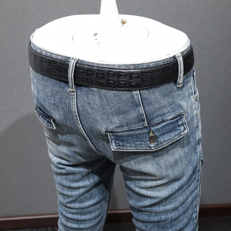 Street Fashion Men Jeans Retro Blue Elastic Stretch Slim Fit Ripped Jeans Men Zipper Patched Designer Hip Hop Denim Pants Hombre