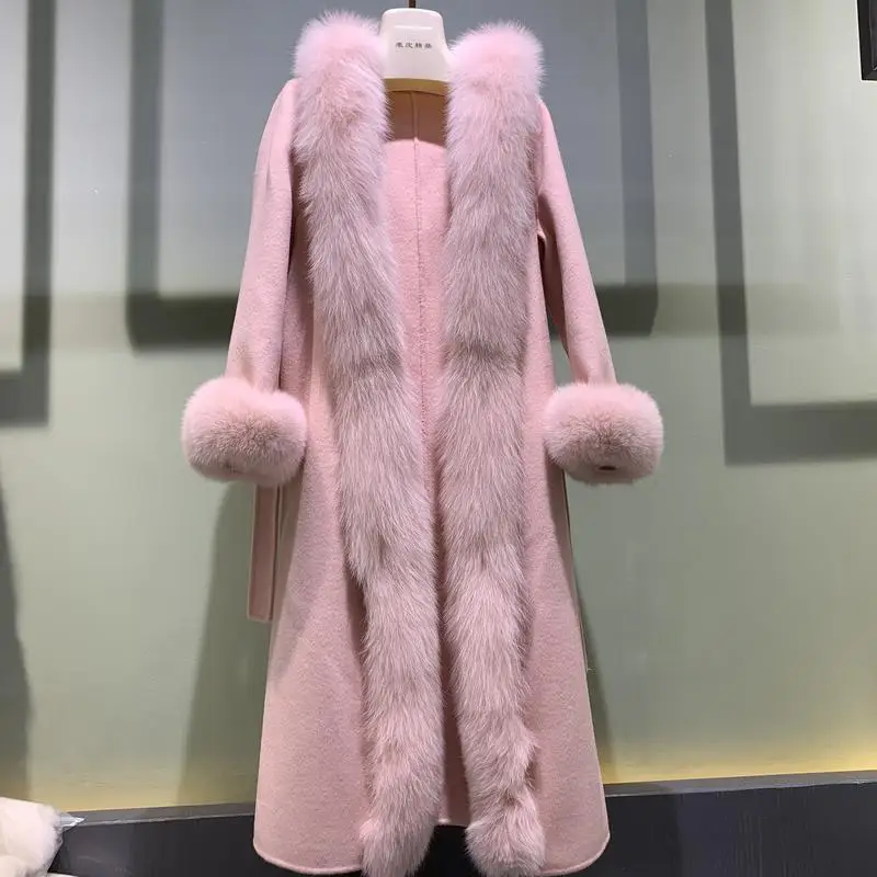 

Korea Hooded Cashmere Spring Loose Coat X-Long Coat With Hood Real Fox Fur Hood Trim Women Warm Large Jacket Female Hooded Coat