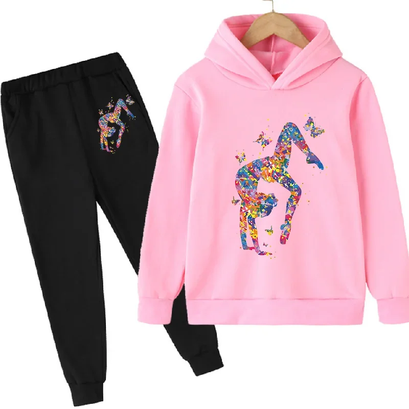 Conjunto de sudaderas con estampado artístico de gimnasia de acuarela para niñas, ropa de regalo de cumpleaños para amantes del gimnasio, pantalones con capucha y sudadera rosa