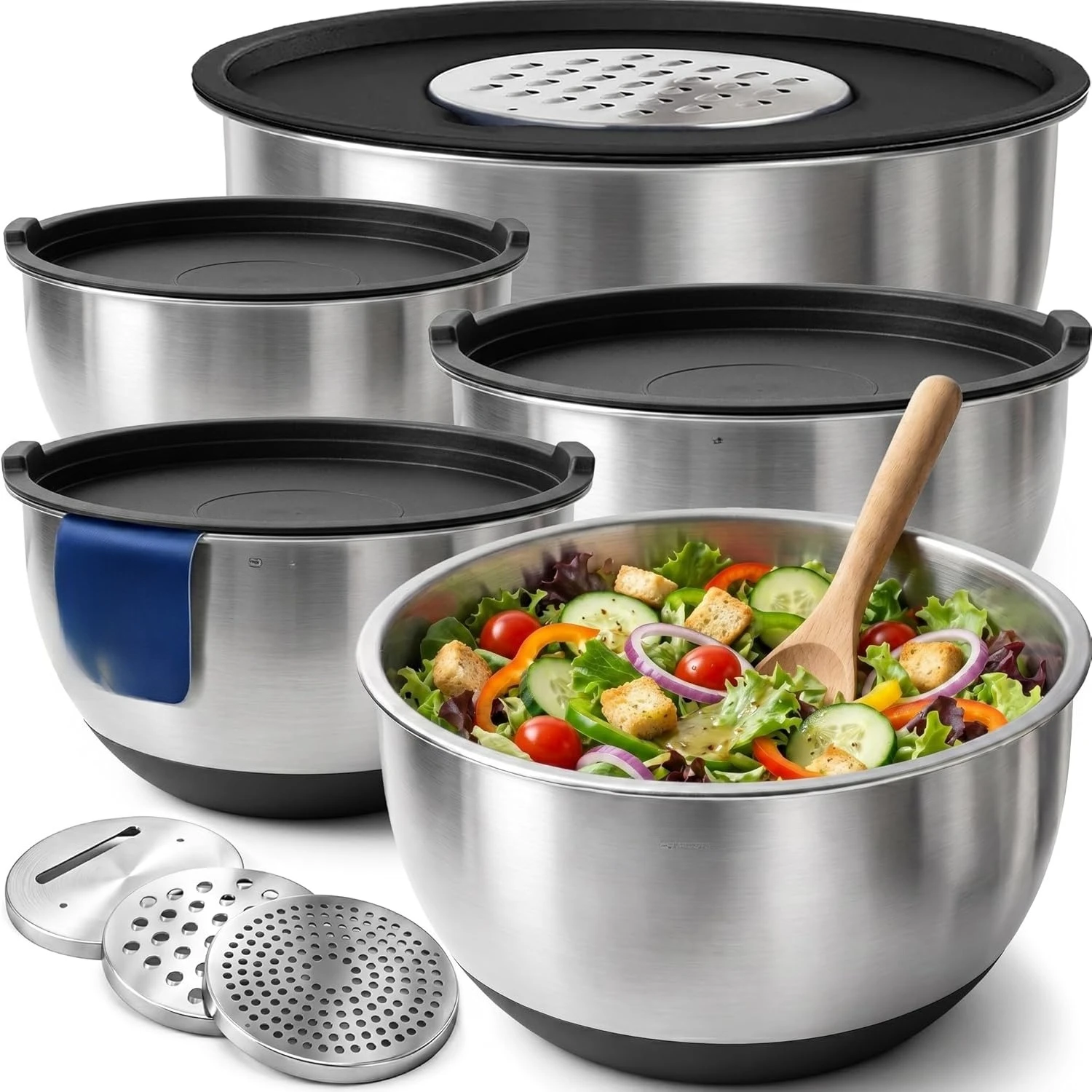 

Stainless Steel Mixing Bowls with Lids Set, 3 Grater Attachments, Airtight Lids, Non-Slip Silicone Base Mixing Bow
