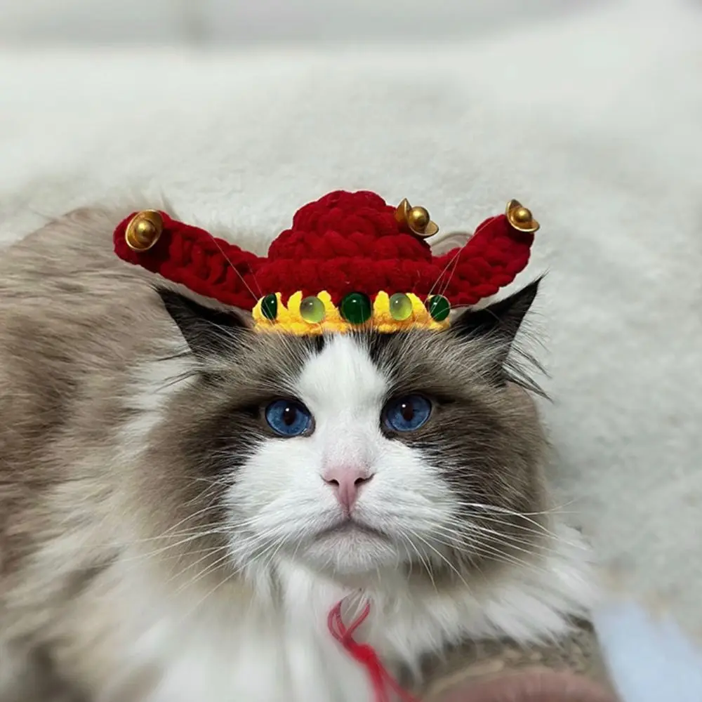 

Cute Chinese Style Fortune Cat Headwear Hand-crocheted Warm Pet Knitted Hat Traditional Blessing Cat Head Cover Photography