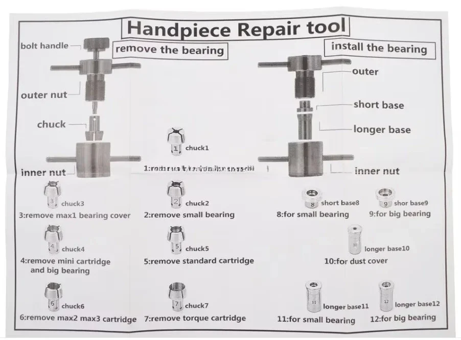 Dentals Handpiece Repair Tool Maintenance Chucks Standard\Torque\Mini Bearing Removal Cartridge Installation Kit