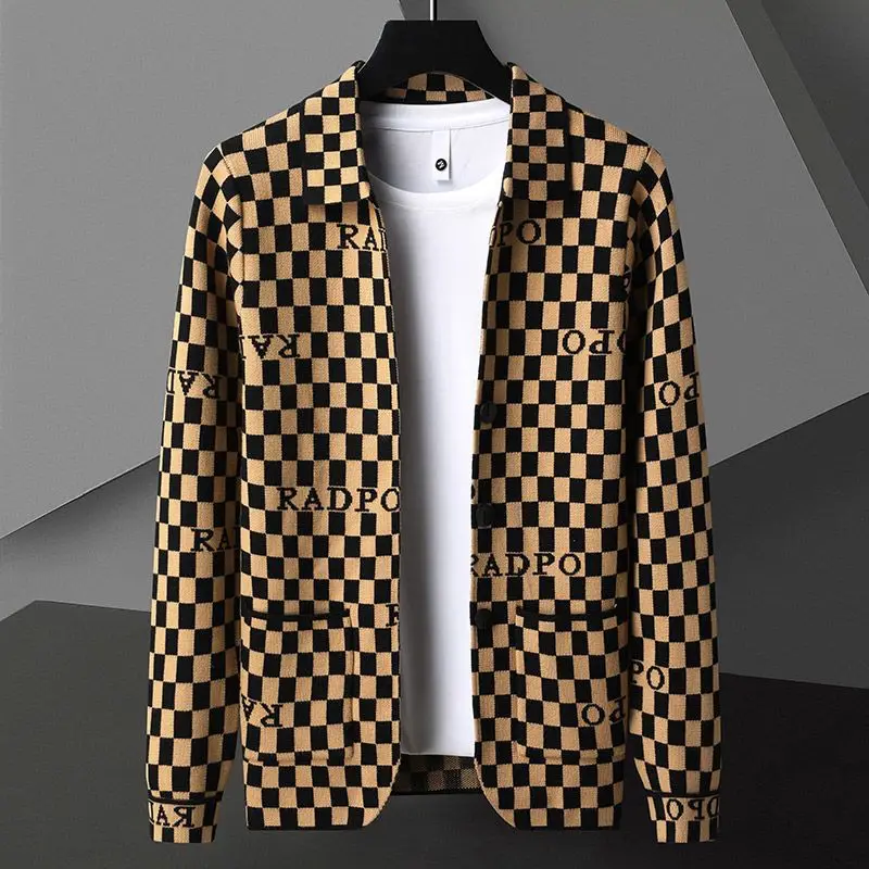 

Smart Casual English Elements Plaid Panelled Turn-down Collar New Men Coat Fashion Casual Knit Loose Pockets Cardigan Jacket