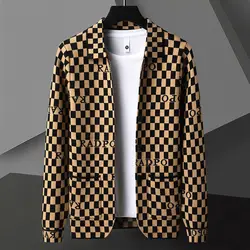 Smart Casual English Elements Plaid Panelled Turn-down Collar New Men Coat Fashion Casual Knit Loose Pockets Cardigan Jacket