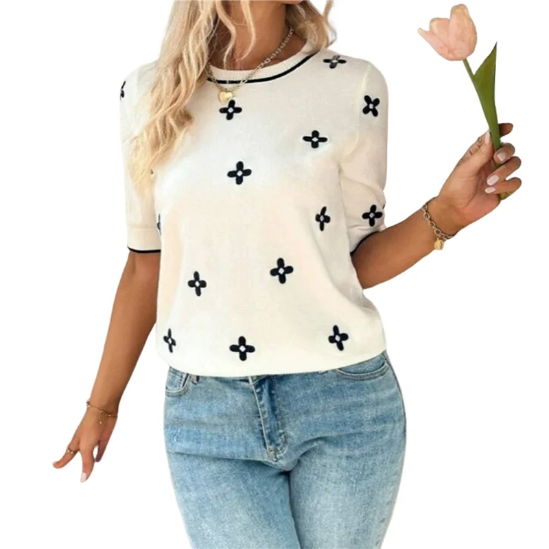 

AOAO-Womens Summer Tops Dressy Casual Short Sleeve Sweaters Crew Neck Knit Tops Loose Blouse Basic Shirts