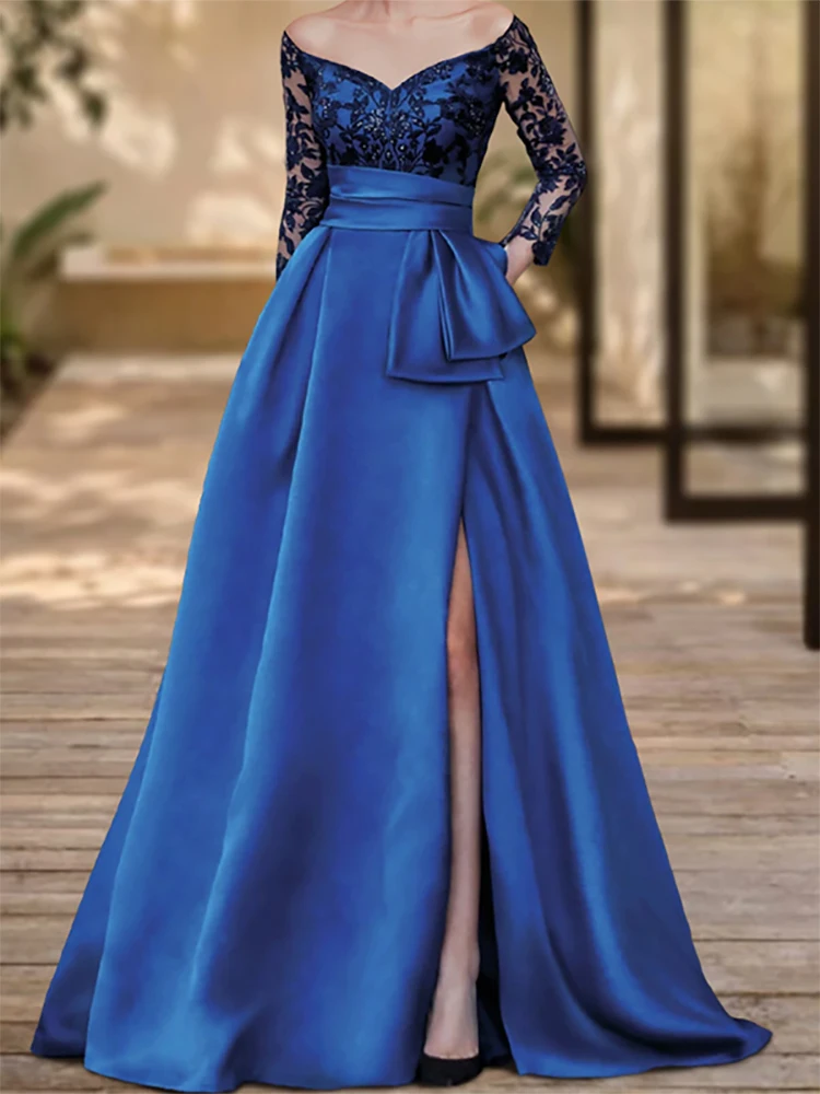 

Sheath Prom Gowns High Split Formal Evening Dresses Sweep Train 3/4 Length Sleeve Off Shoulder Bow Sequins