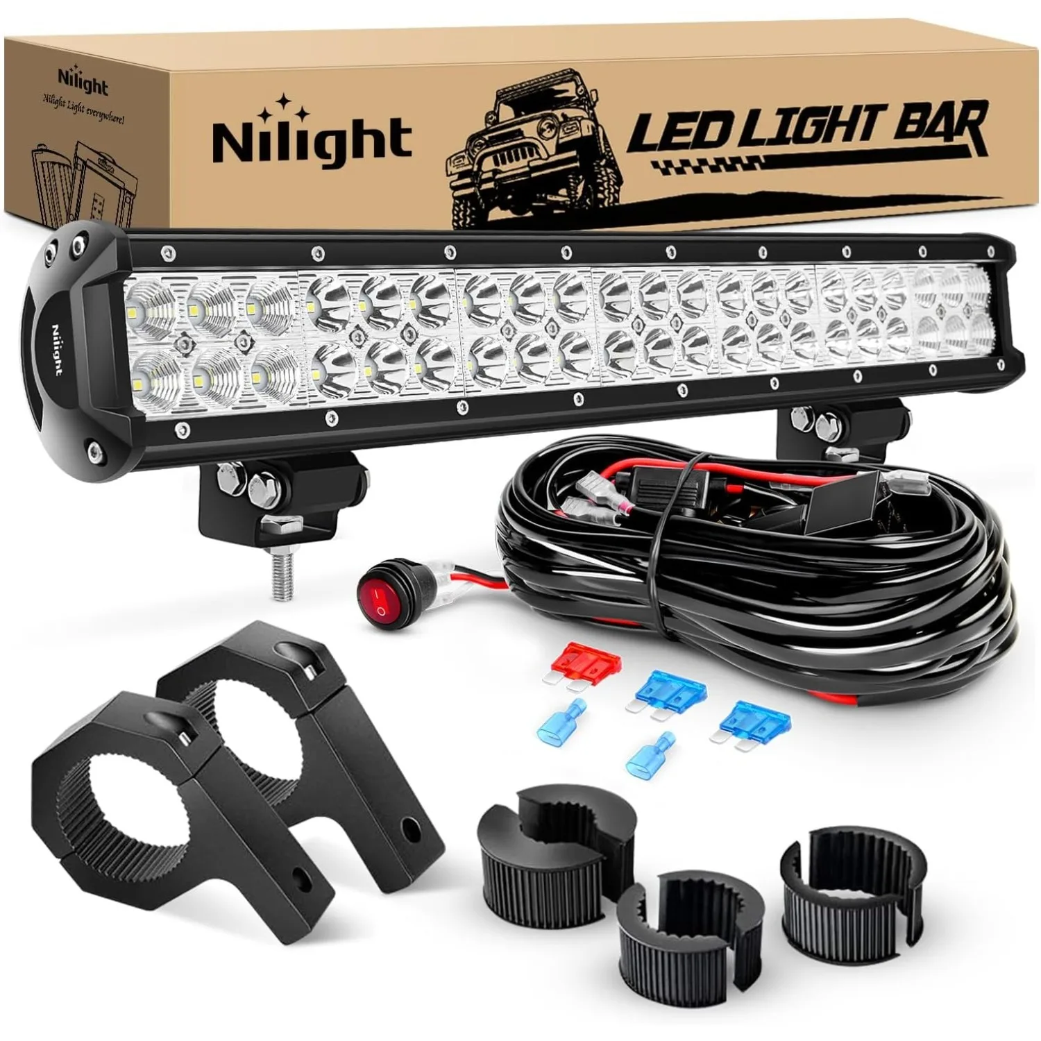 Nilight 20 Inch 126W Spot Flood Combo LED Light Bars Off-Road Light Mounting Bracket Horizontal Bar Tube Clamp with Off Road Wir