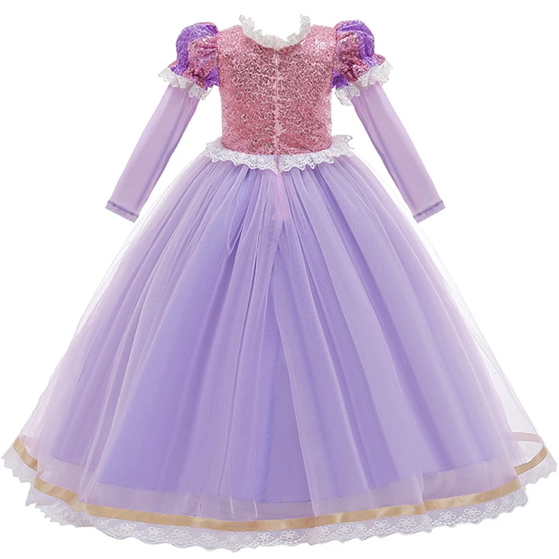 Girls Carnival Costume Sequin Princess Rapunzel Purple Puff Sleeve Cosplay Tangled Costume With Crown  Birthday Ball Gown Clot