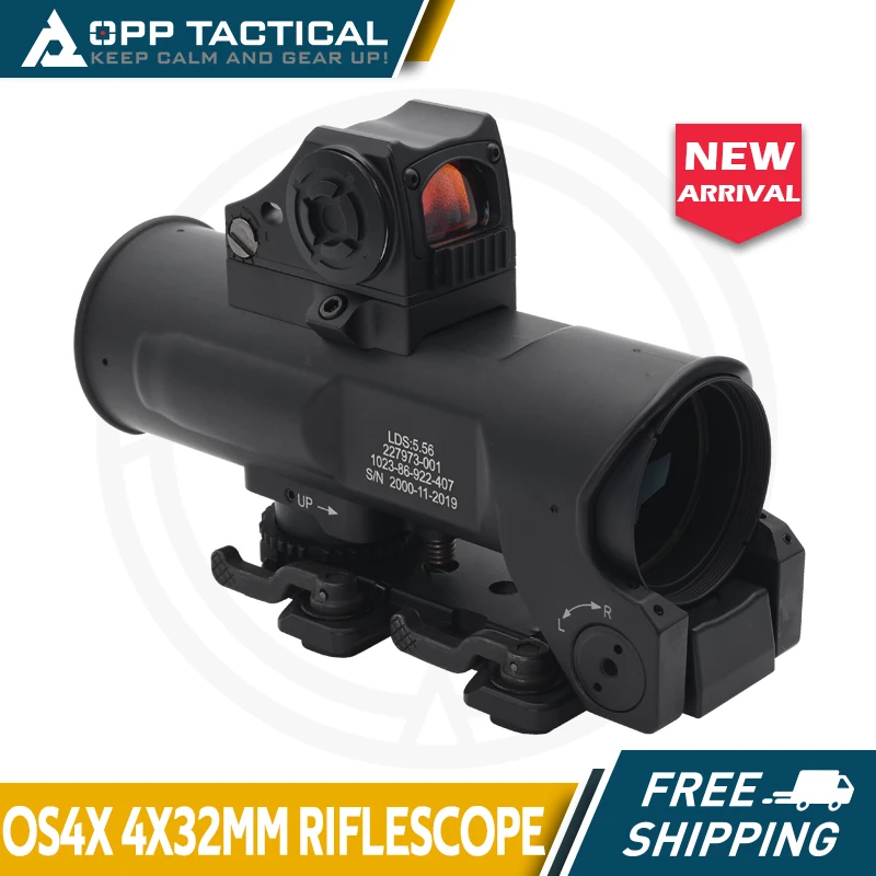 OS4x Tactical Rifle Scope 4x 32mm Illuminated 5.56 Ballistic Chevron Reticle Matte With CQB Red Dot Sight Black Combo