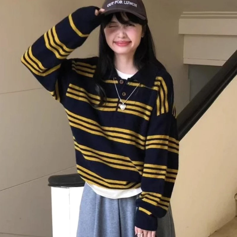 

Women Pullovers Sweaters Knitted Polo Neck Full Sleeve Jumpers Y2k Streetwear Elegant Splice Knit Striped Autumn Winter 2025