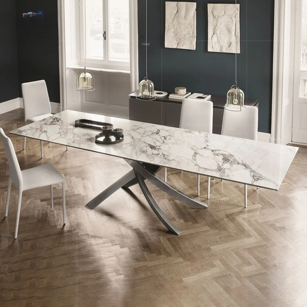 Light luxury retractable folding rock slab dining table and chairs household rectangle