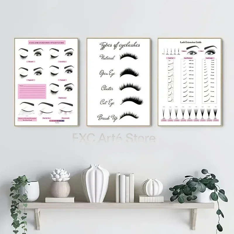 3pcs frameless - Eyelash Extension Guide Posters, Salon Wall Art ()