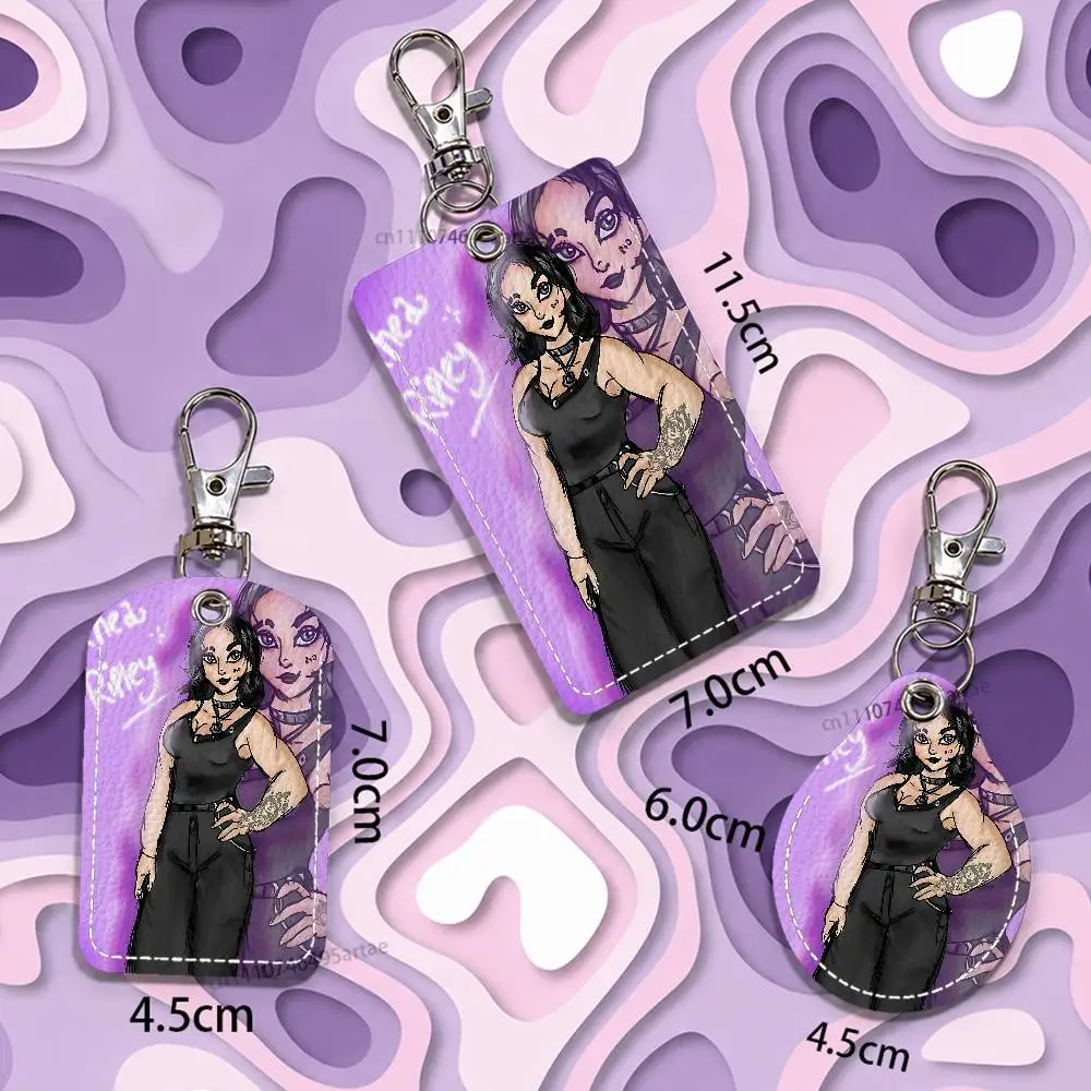 Mami black Rhea Ripley Cartoon Singer Rectangle ID Card Case Keychain Access Card Bag Key Tag Ring Leather Card Holder Key Ring view 3