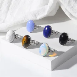 Natural Stone Bead Finger Ring 13*18mm Tiger Eye Agat Opal Rings Adjustable Silver Color Simple Ring for Women Girl Jewelry Gift