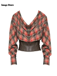 Autumn Winter Women Design Coquette Plaid T-Shirts Gyaru Tees Long Sleeve Old Money Tops 2000s Aesthetic Elegant Chic Trendy