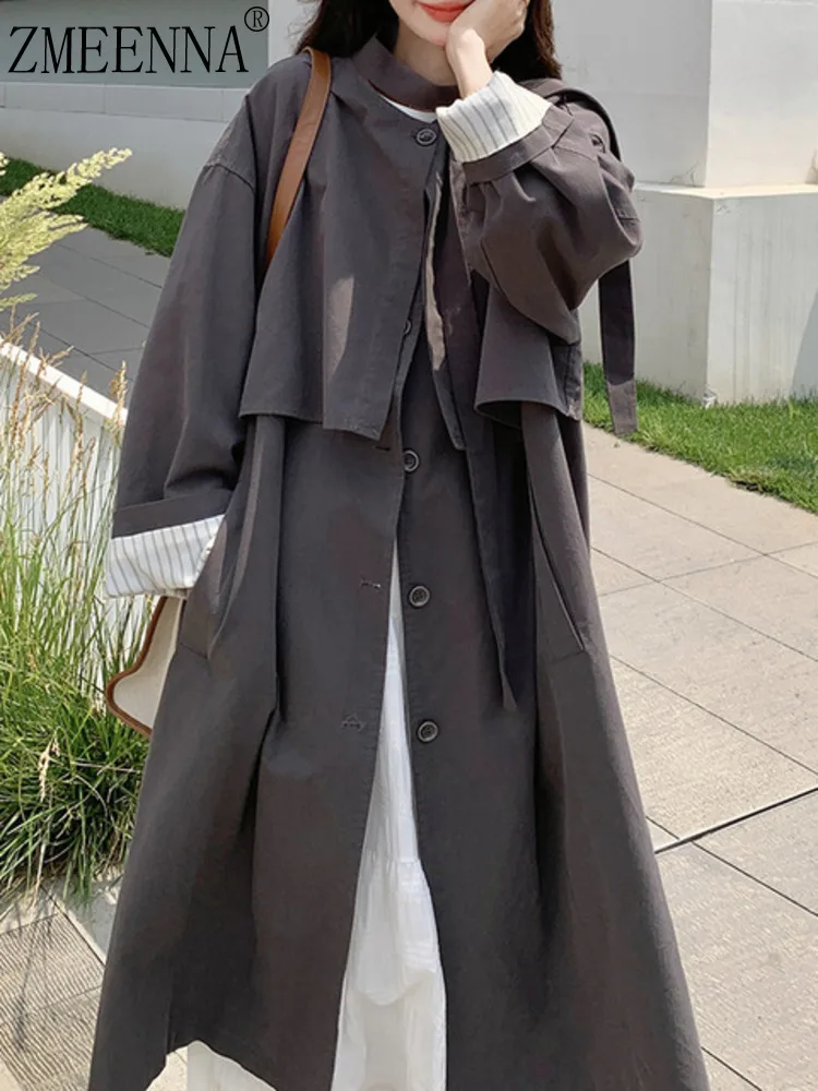 

ZMEENNA Long Grey Trench Coat For Women With Notched Lapel And Pockets Stylish Loose Fit Outerwear For Fall ZM4136