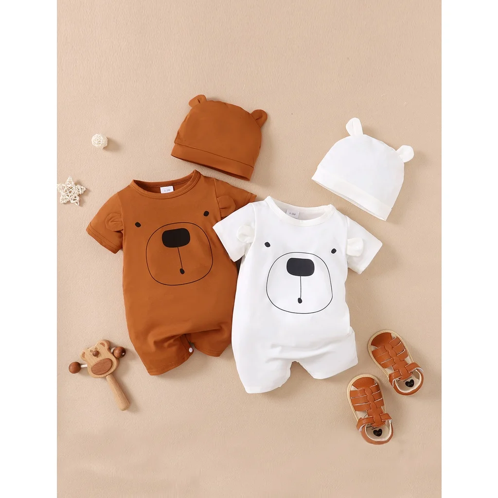 

Baby Boy 0-18 Months Romper Newborn Baby Clothing Cute Bear Short Sleeves Bodysuit with Hat 2PCS Summer Infant Baby Boy Jumpsuit