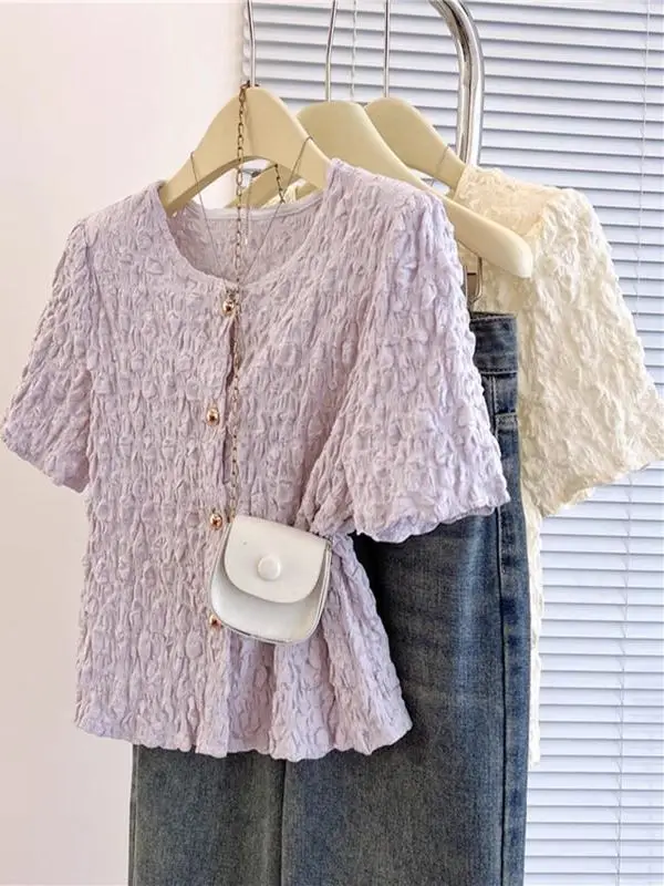Chic Pleated ort Sve T-irt Women's Summer 2025 New Sle Korean Loose Fit round Ne Casual irt Ele Agel Top