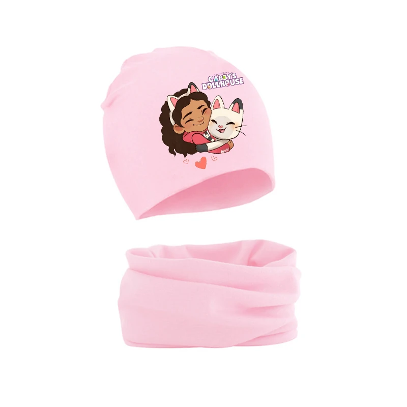 Gabby dollhouses menina bebê chapéu cachecol anime bonito outono inverno quente algodão confortável criança gorro crianças malha boné colarinho 2 peças conjunto