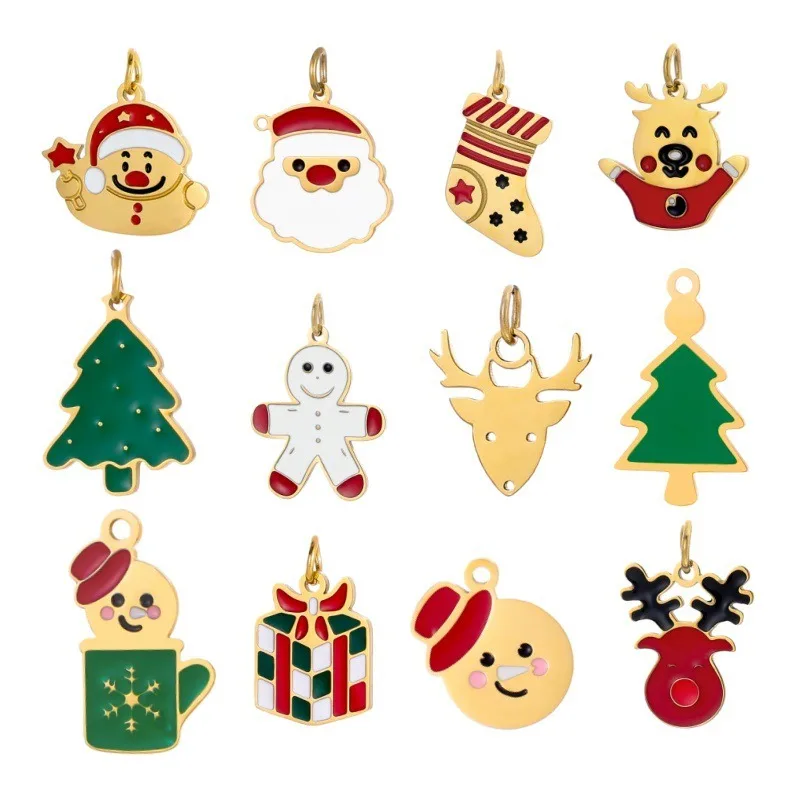 Christmas Enamel Stainless Steel Santa Xmas Tree Gingerbread Man Pendant Gold Plated DIY Handmade Holiday Jewelry Accessories