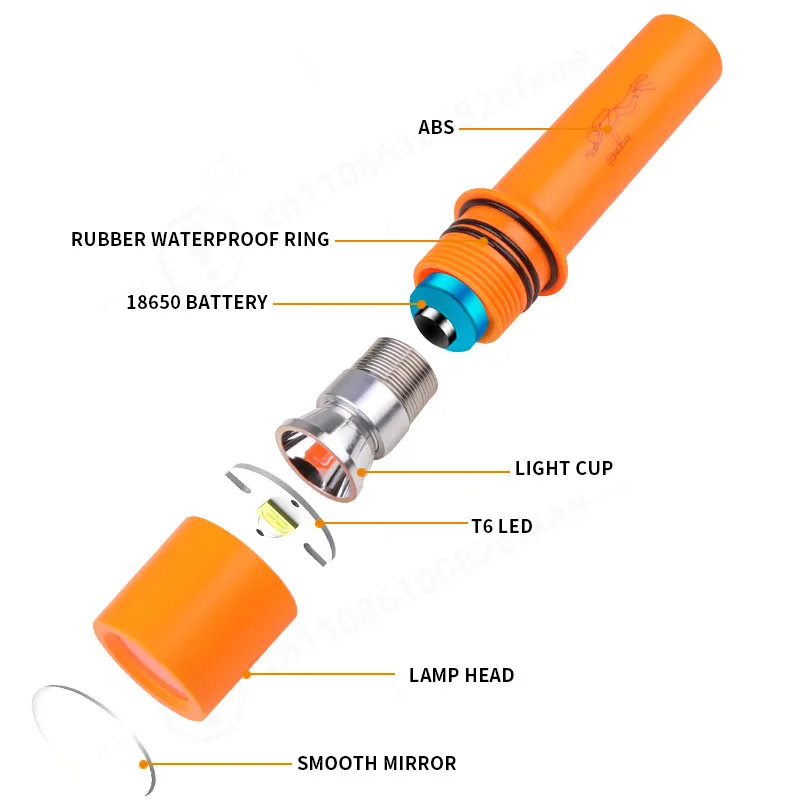 T6 LED Professional Diving Flashlight Fixed Focus Ultra Bright High Waterproof Amphibious Lightweight Outdoor Handheld Torch